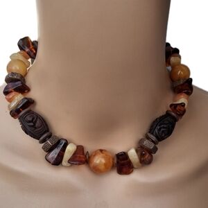 Vintage Carol Dauplaise Carved Wood & Faux Amber Chunky Statement Necklace